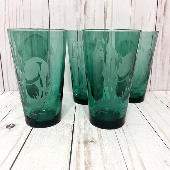Robert Vavra Vintage Signed Frosted Etched Equestrian Green Glass Tumblers Set 5 - Picture 1 of 12